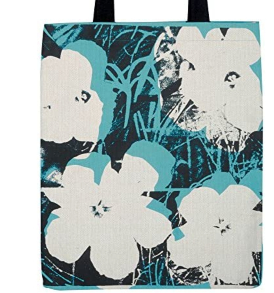 Andy Warhol teal canvas tote w/cream flowers